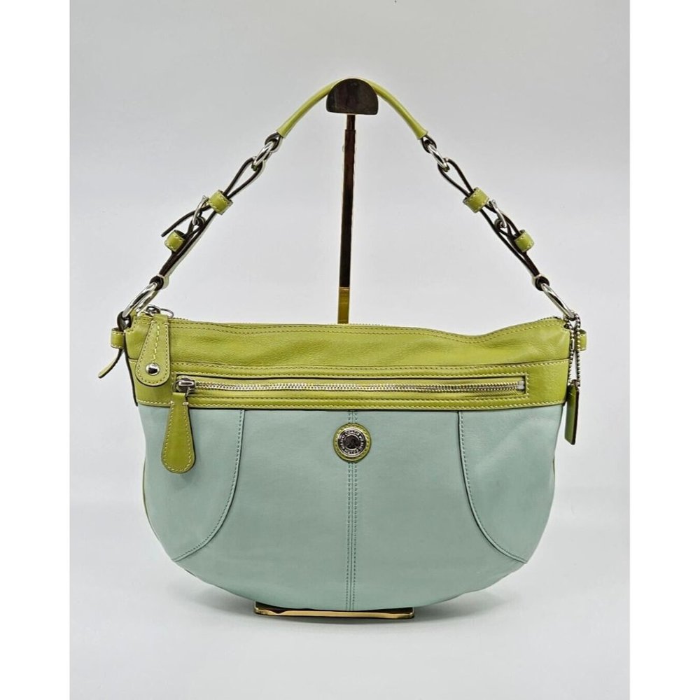 Coach Aqua Blue Lime Green Smooth Leather Laura Hobo Shoulder Bag Handbag Purse
